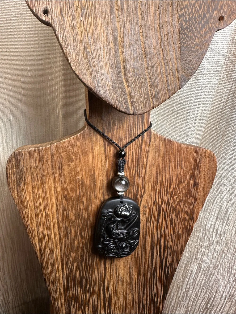 Obsidian Bird and Lotus Carving Pendant Necklace on Black Adjustable Rope